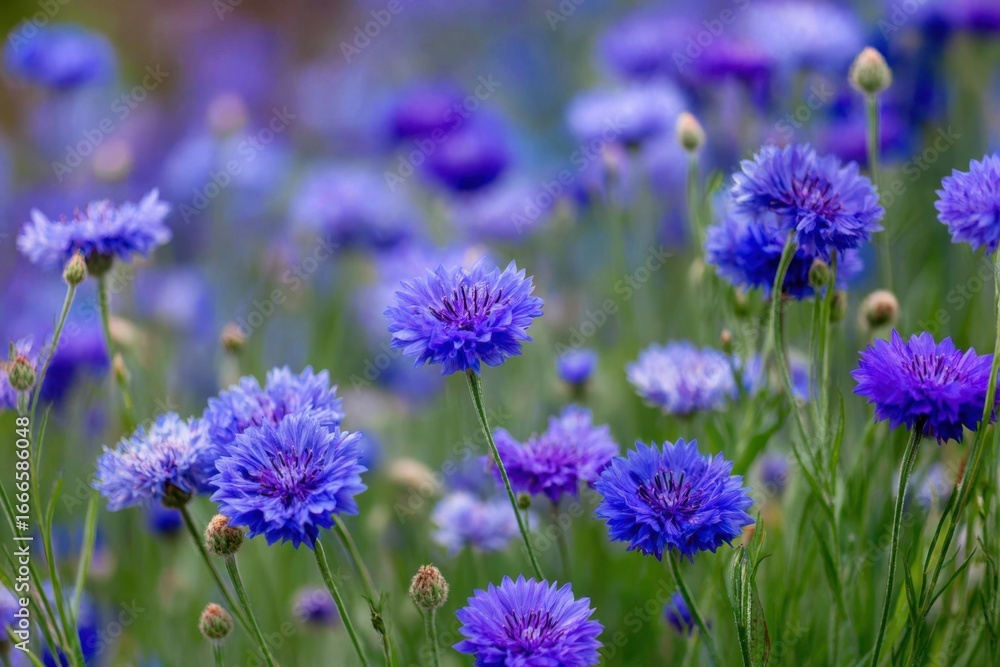 Fototapeta premium Wonderful blooming of Blue cornflowers on green background.