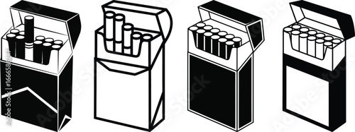 Four open packs of cigarettes in a row on a white background