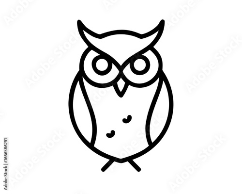 Minimalist line art illustration of a wise owl, featuring prominent eyes, evoking nocturnal mystery and quiet wisdom