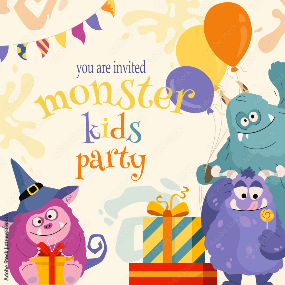 Obraz premium Bright kids party invitation with funny cartoon monsters, balloon, gift boxes on light background Playful vector design for children celebration, poster, flyer, greeting card Festive holiday templated