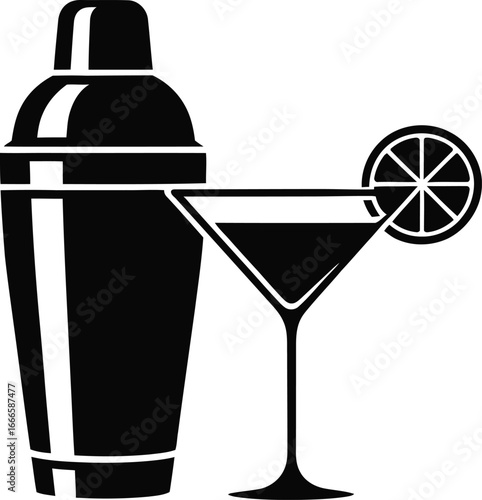 Black silhouette of a cocktail shaker and a martini glass with a lime garnish
