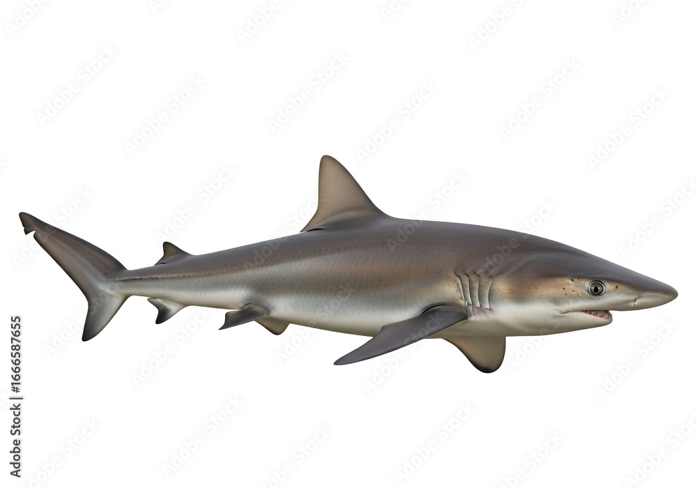 Fototapeta premium A side view of a gray reef shark, presented against a stark black background, showcasing its sleek form and sharp features.