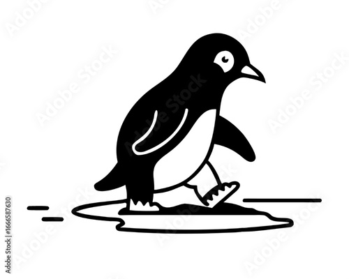 A charming black and white penguin illustration, confidently walking on a small, glistening ice floe