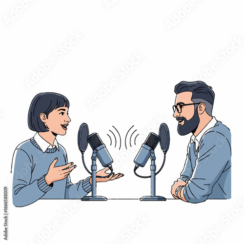 Vector illustration of two people chatting and discussing in a podcast, sharing knowledge and interesting information in a casual and creative atmosphere