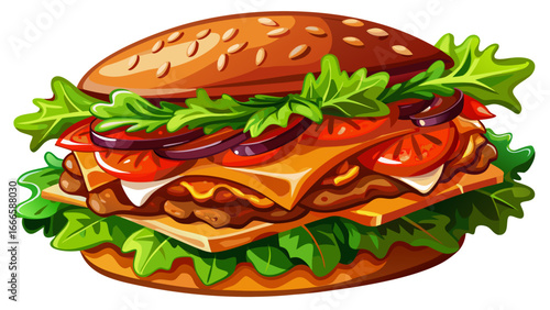 Gourmet sandwich filled with juicy meat, fresh lettuce, and savory tomato sauce, layered delight radiates vibrance, timeless symbol of modern cuisine captured in semi-realistic yet abstract art.