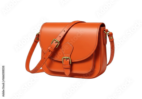 Classic orange leather satchel bag with a flap closure and adjustable strap isolated on transparent background