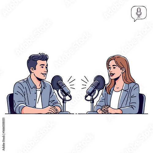 Vector illustration of two people chatting and discussing in a podcast, sharing knowledge and interesting information in a casual and creative atmosphere