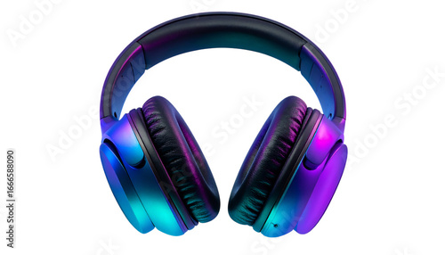 Neon headphones for audio, music enjoyment on transparent background