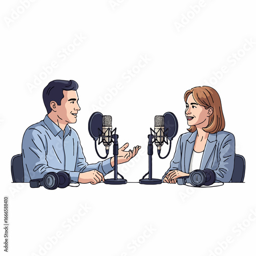 Vector illustration of two people chatting and discussing in a podcast, sharing knowledge and interesting information in a casual and creative atmosphere