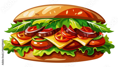 Gourmet sandwich filled with juicy meat, fresh lettuce, and savory tomato sauce, layered delight radiates vibrance, timeless symbol of modern cuisine captured in semi-realistic yet abstract art.