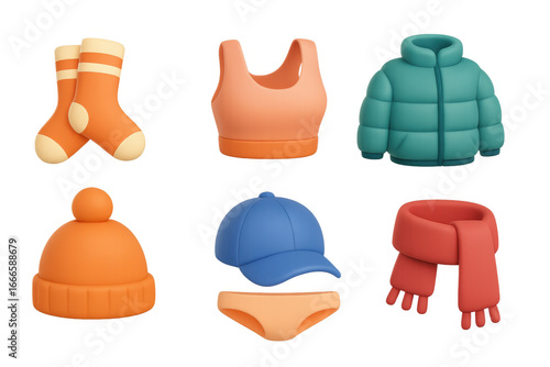Colorful 3d winter and summer clothing icons collection for fashion design