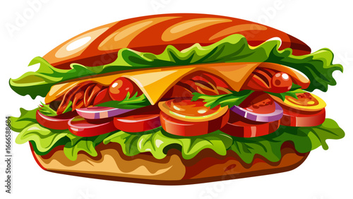 Gourmet sandwich filled with juicy meat, fresh lettuce, and savory tomato sauce, layered delight radiates vibrance, timeless symbol of modern cuisine captured in semi-realistic yet abstract art.