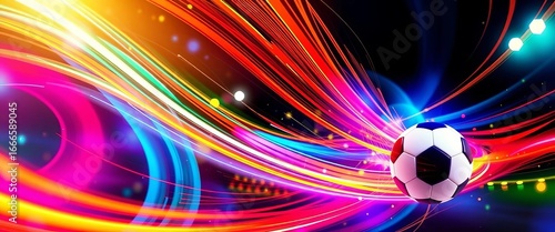 Abstract dynamic soccer ball trails, vibrant colors, championship theme, soccerball, energy