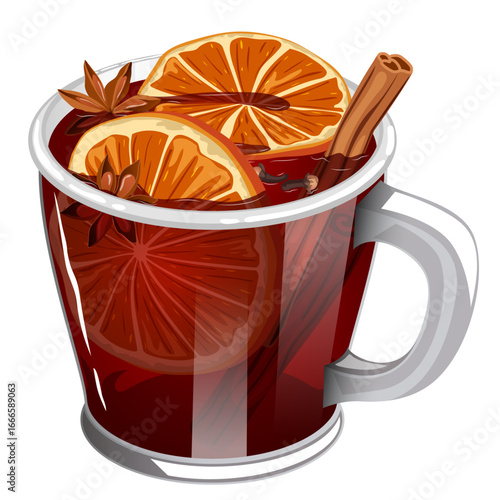 Traditional Mulled Wine Detailed Illustration. Orange Slices, Star Anise, Cinnamon Sticks and Cloves in a Glass Mug. Christmas Beverage