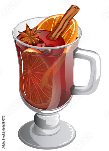 Mulled Wine in Footed Glass Mug with Orange Slices, Star Anise and Cloves Garnish - Winter Drink Detailed Illustration