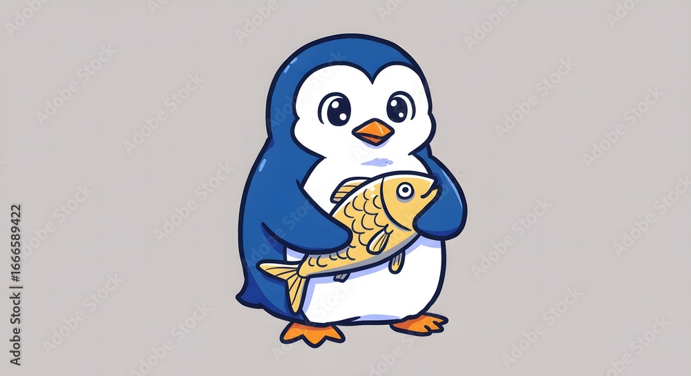 Fototapeta premium Cute Cartoon Penguin Holding a Fish Illustration