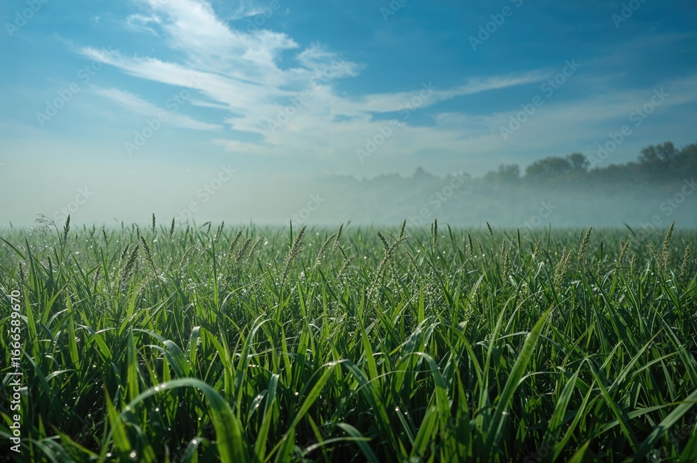 Obraz premium Foggy morning over lush green meadow with grass and sky