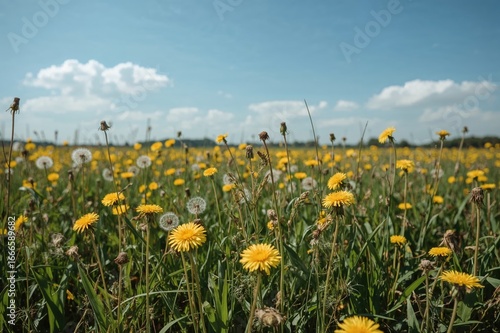 Yellow dandelions scattered across a lush green meadow in springtime