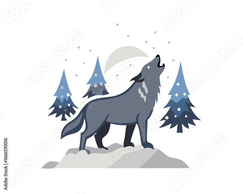 Majestic Gray Wolf Howling at the Moon in a Snowy Winter Forest Landscape