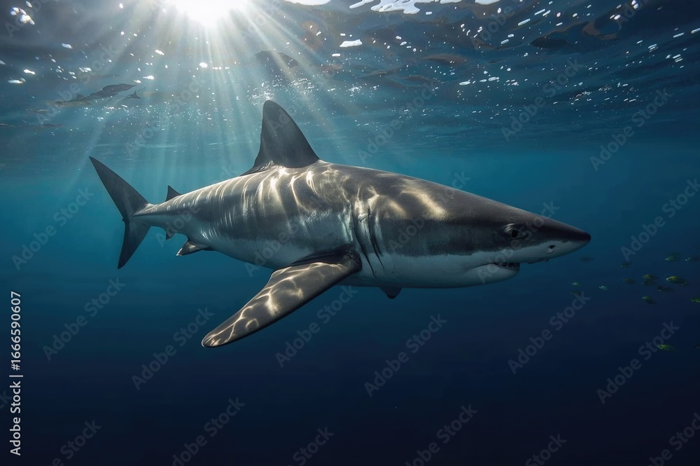 Fototapeta premium Large predatory shark gliding beneath sunbeams in deep blue waters with its primary fins visible