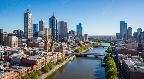 Melbourne skyline with yarra river, showcasing the citys modern architecture and urban landscape on a sunny day