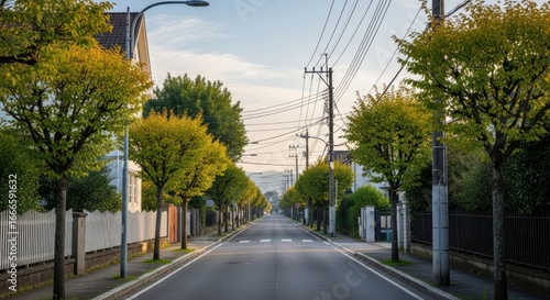 Empty residential street lined with trees, early morning light
