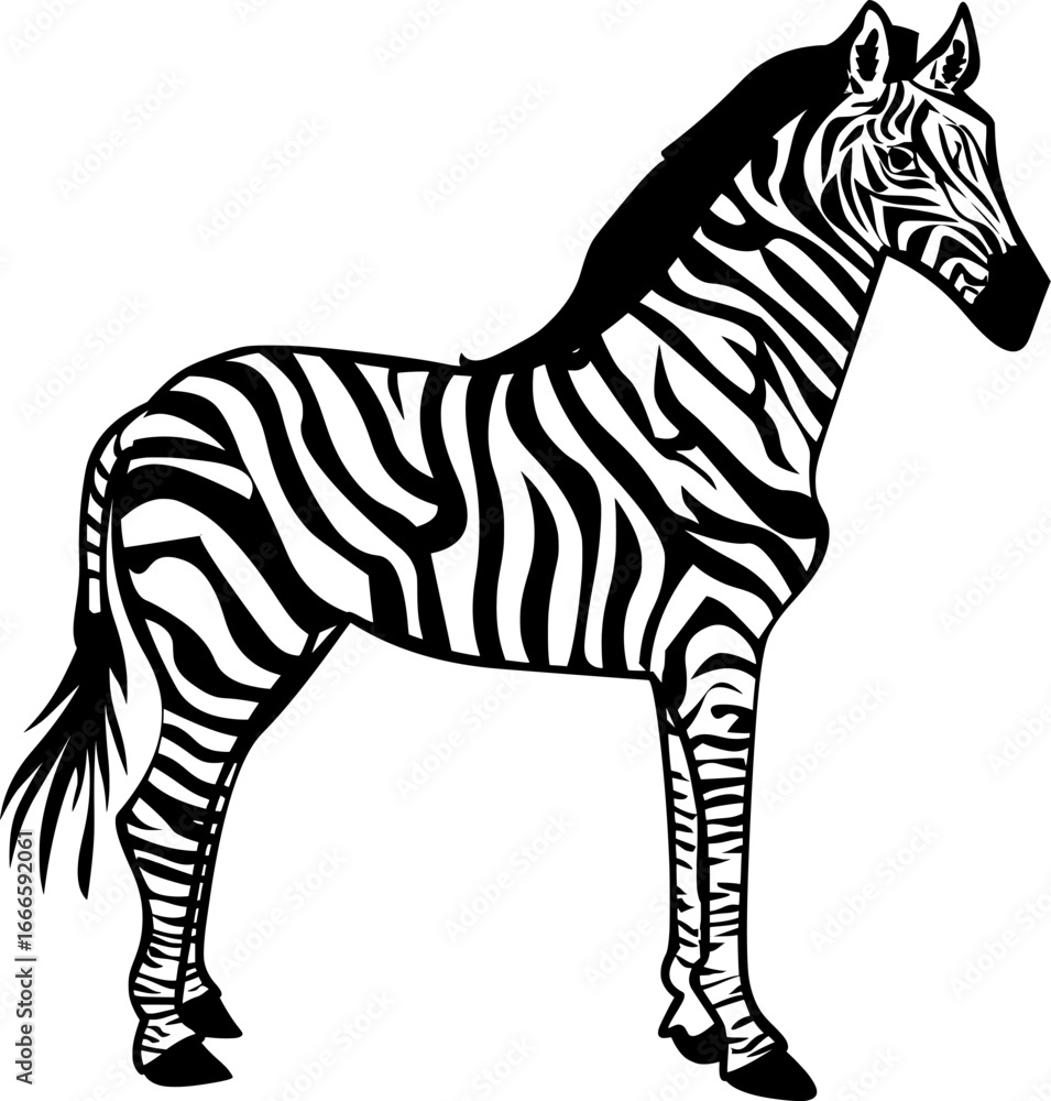 Fototapeta premium Vector illustration of a zebra with black and white stripes, standing in a simple graphic style.