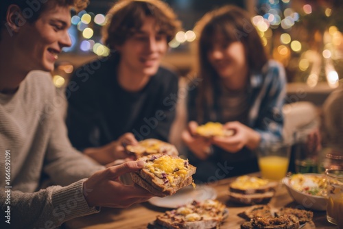 Young people enjoying savory comfort snacks cozy home relaxed atmosphere