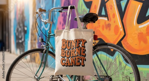 Beige canvas tote bag with orange retro text 'BUNFY BURNE CANET' hanging on a teal vintage bicycle against a vibrant graffiti wall, showcasing urban street style and sustainable transport.