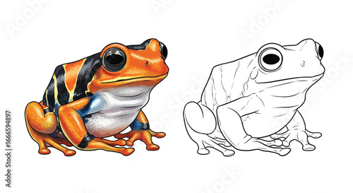 Amazon Clown Tree Frog Dual Style Coloring Page with Colorful Example and Outline