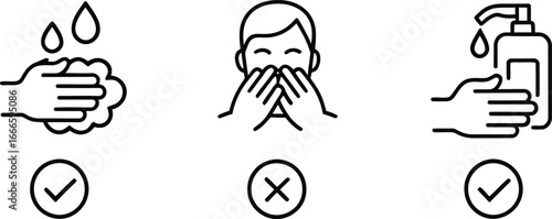 Hygiene icons showing hand washing and sanitizing with a no coughing symbol