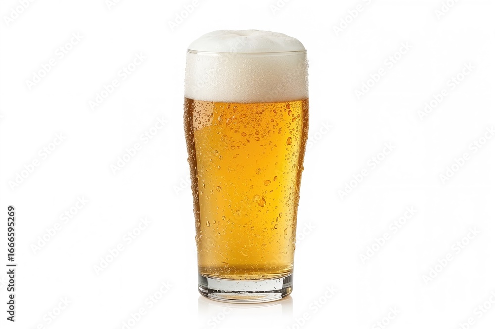 Chilled amber beer in a transparent glass against a plain white backdrop Chilled amber beer in a transparent glass against a plain white backdrop