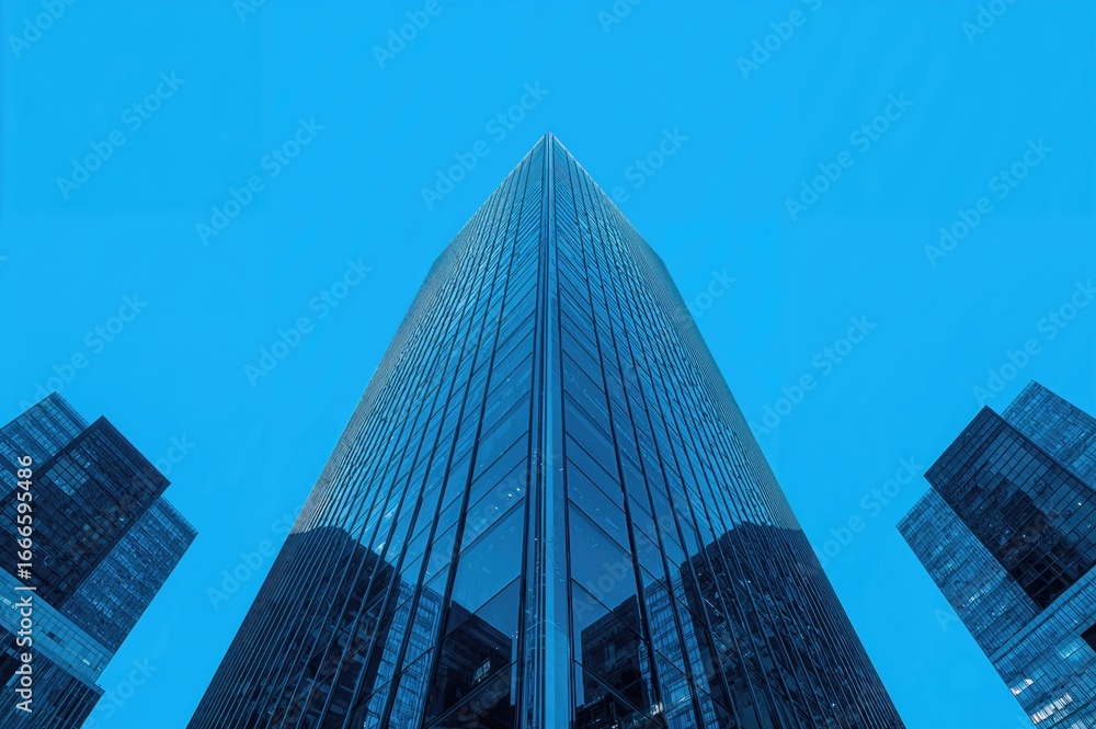 Obraz premium A broad view of a towering glass skyscraper set against a sleek steel blue backdrop in a visionary urban environment, symbolizing innovation and corporate achievement.