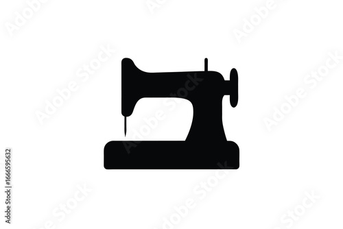 A black silhouette of a vintage sewing machine on a white background