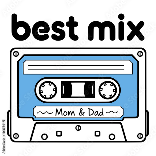 Best mix Mom and Dad vintage cassette tape, a retro tribute to parents' love for music, with hand-drawn vector illustration.
