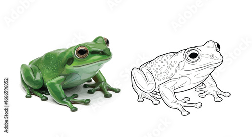 Amazon Emerald Glass Frog Coloring Sheet with Full Color Example and Line Art Outline