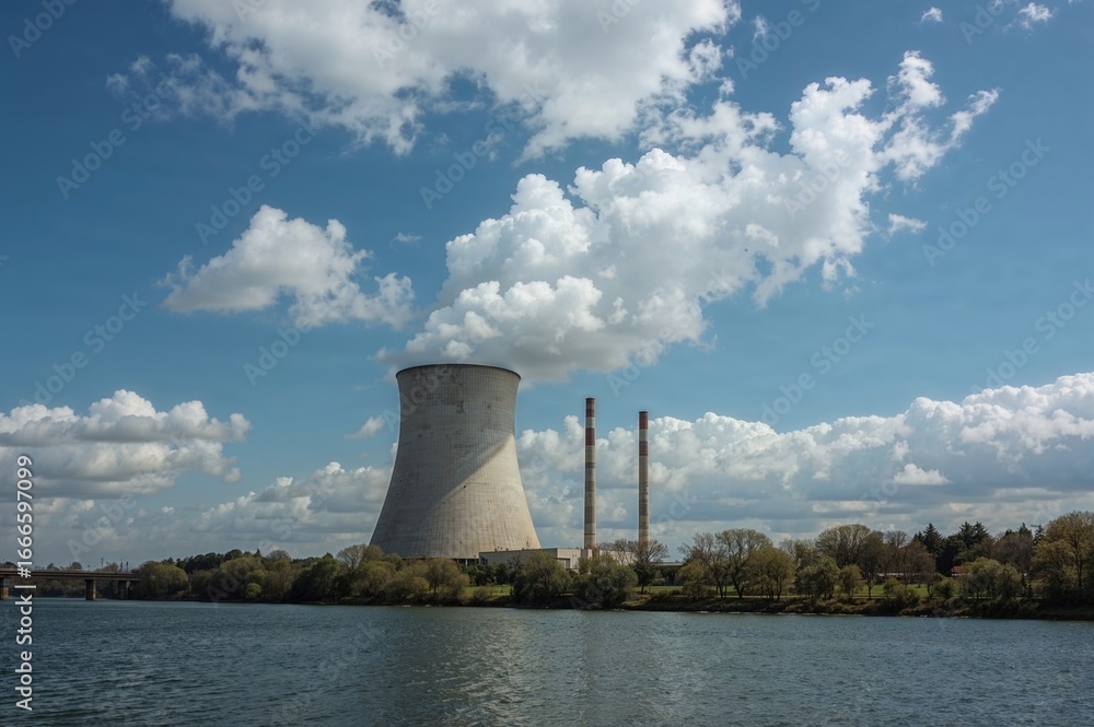 Obraz premium White steam clouds released from a nuclear facility's cooling tower, showcasing zero CO2 emissions and promoting a sustainable future through scientific innovation