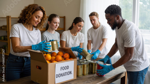 Diverse group of volunteers working together packing food donations into boxes for charity