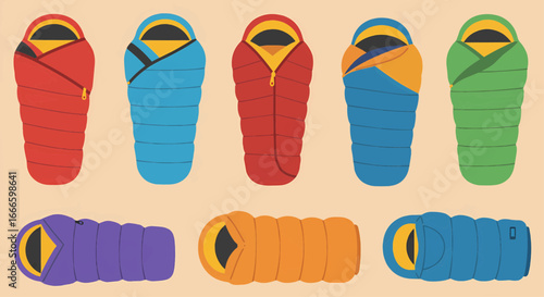 Colorful collection of vector sleeping bags for camping, hiking, and outdoor adventures