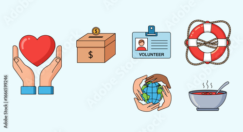 Illustrations depicting charity and volunteering including a heart, donations, and helping the world