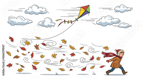 Boy running in the wind with falling leaves and a kite flying in the cloudy sky above him outdoors