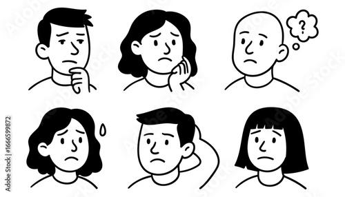 Group of sad people with emotional expressions in hand drawn doodle style