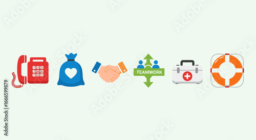 Illustration showing communication, charity, teamwork, first aid and safety equipment in a row