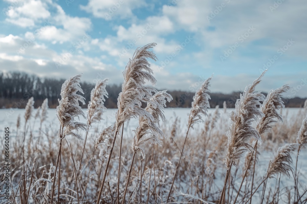 Fototapeta premium Icy marsh plants covered with snow during winter