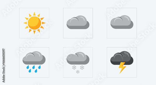 Illustration depicting various weather conditions including sun clouds rain snow and thunderstorm icons