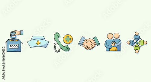 Illustration showing icons of food donation, nurse, phone, handshake, hugging and community support group
