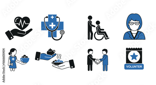 Illustration showing healthcare support, assistance, and volunteerism with various medical icons