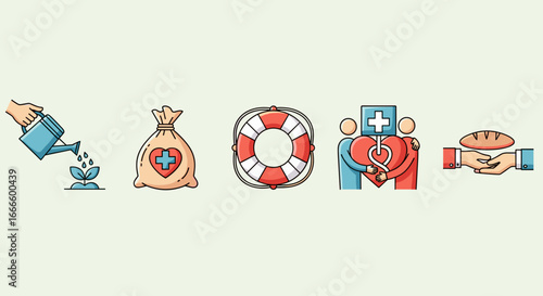 Illustrative set depicting charity and aid with watering can, bag, life preserver, people and bread icons