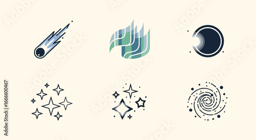 Illustration of a comet, aurora borealis, black hole, stars, and a galaxy on a beige background