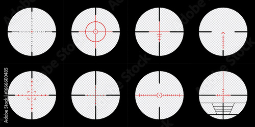 set of realistic sniper scope crosshairs view. sniper sight with measurement marks. sniper scope template isolated on transparent background. rifle optical sight.